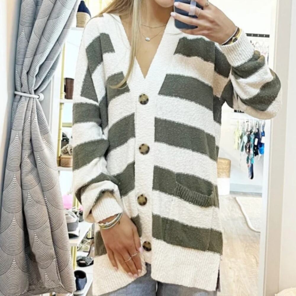 LOFT Olive Green and Cream Striped Button Cardigan